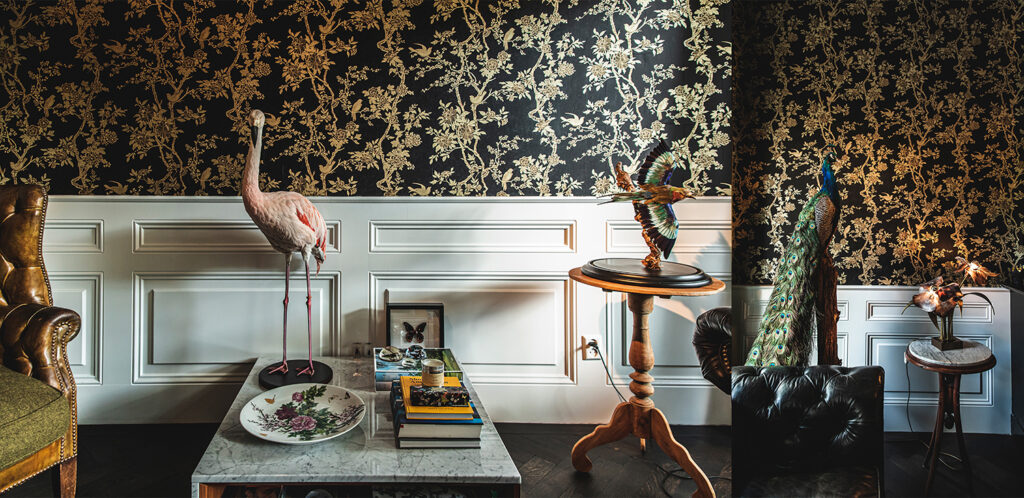 Bird sculptures on a marble console