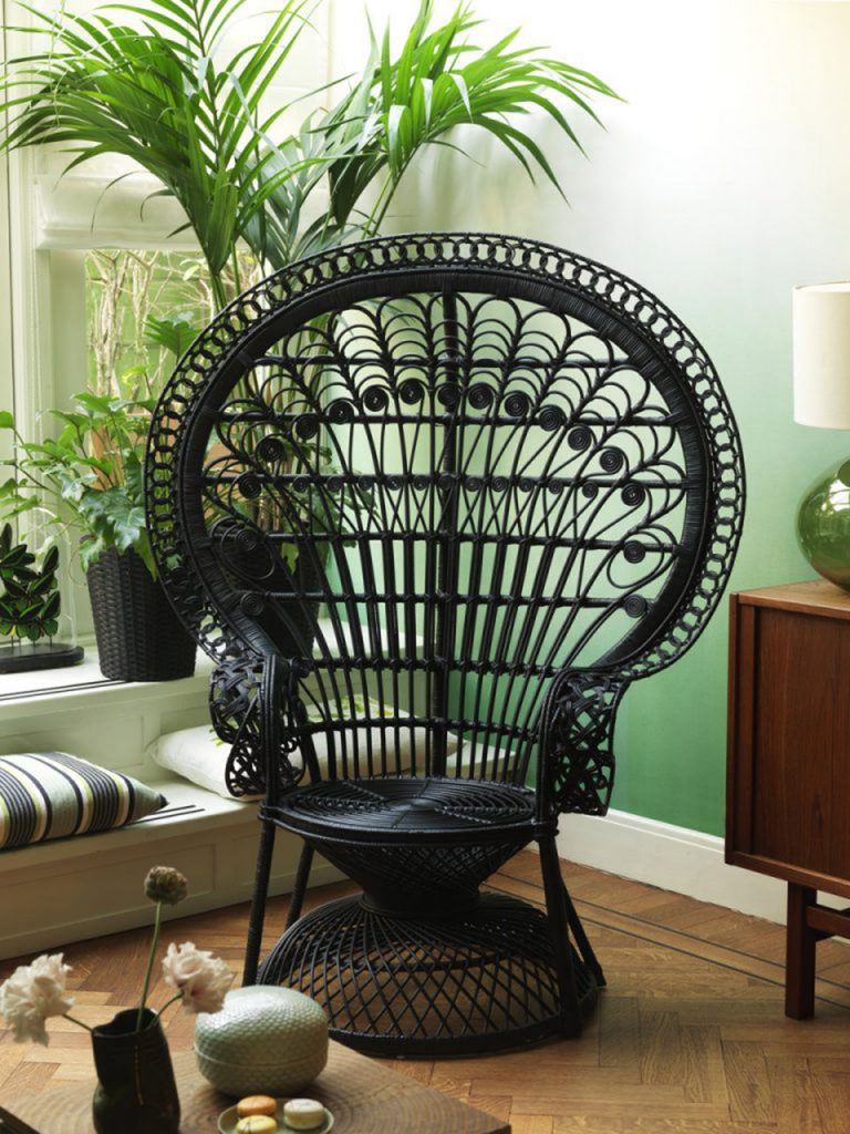 A black peacock chair among plants